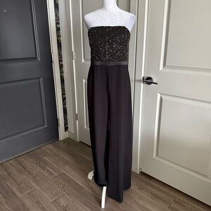 Halston Heritage Black Tie Formal Flowy Embellished Strapless Jumpsuit Size 6
